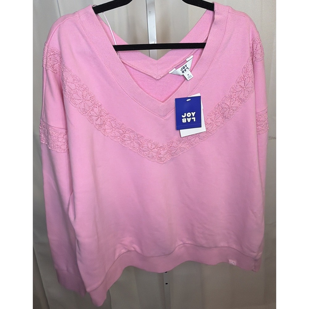 JoyLab Pink Crochet Trim V Neck Pullover Sweatshirt Size Medium - Picture 5 of 10